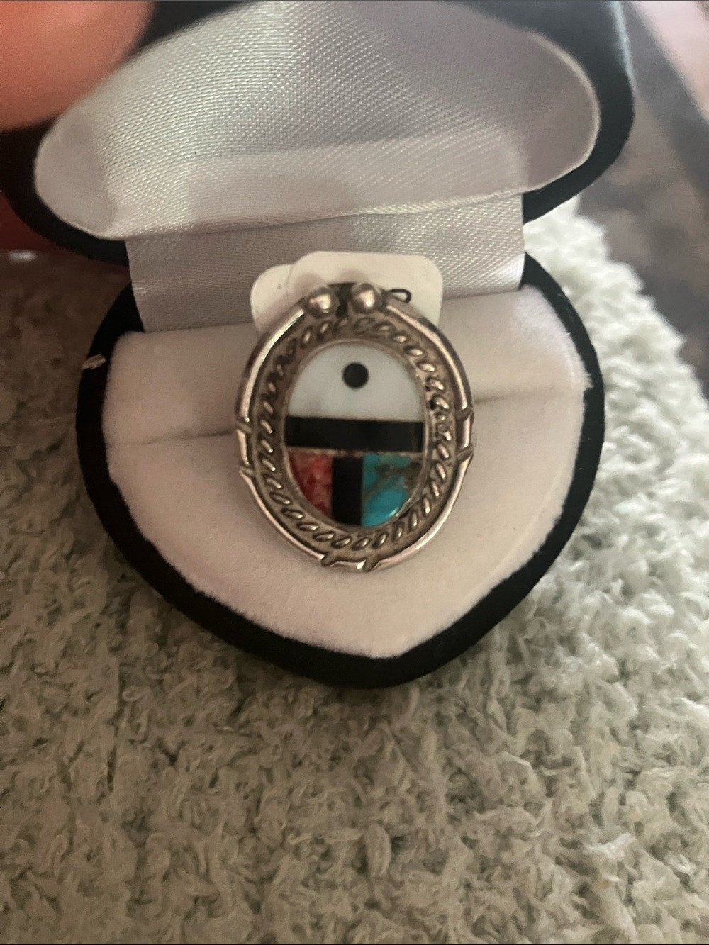 Sterling-Inspired Oval Inlay Ring with Turquoise & Coral Accents